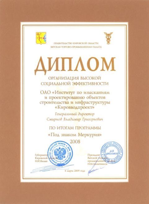 Диплом ‘Организация высокой социальной эффективности’ 2008